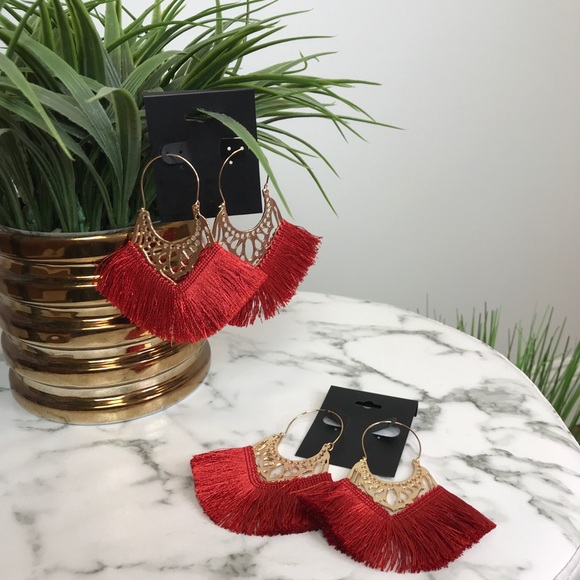 ‼️ Brick Red Thread Fan Earrings Boho Chic Gold - Picture 2 of 8